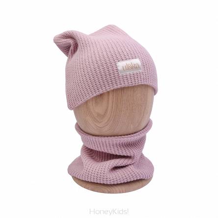 Czapka z kominem dziergana Powder Pink +4 lat UL&Ka