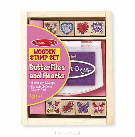  Zestaw drewnianych stempelków z tuszem – Serduszka i motylki Melissa & Doug